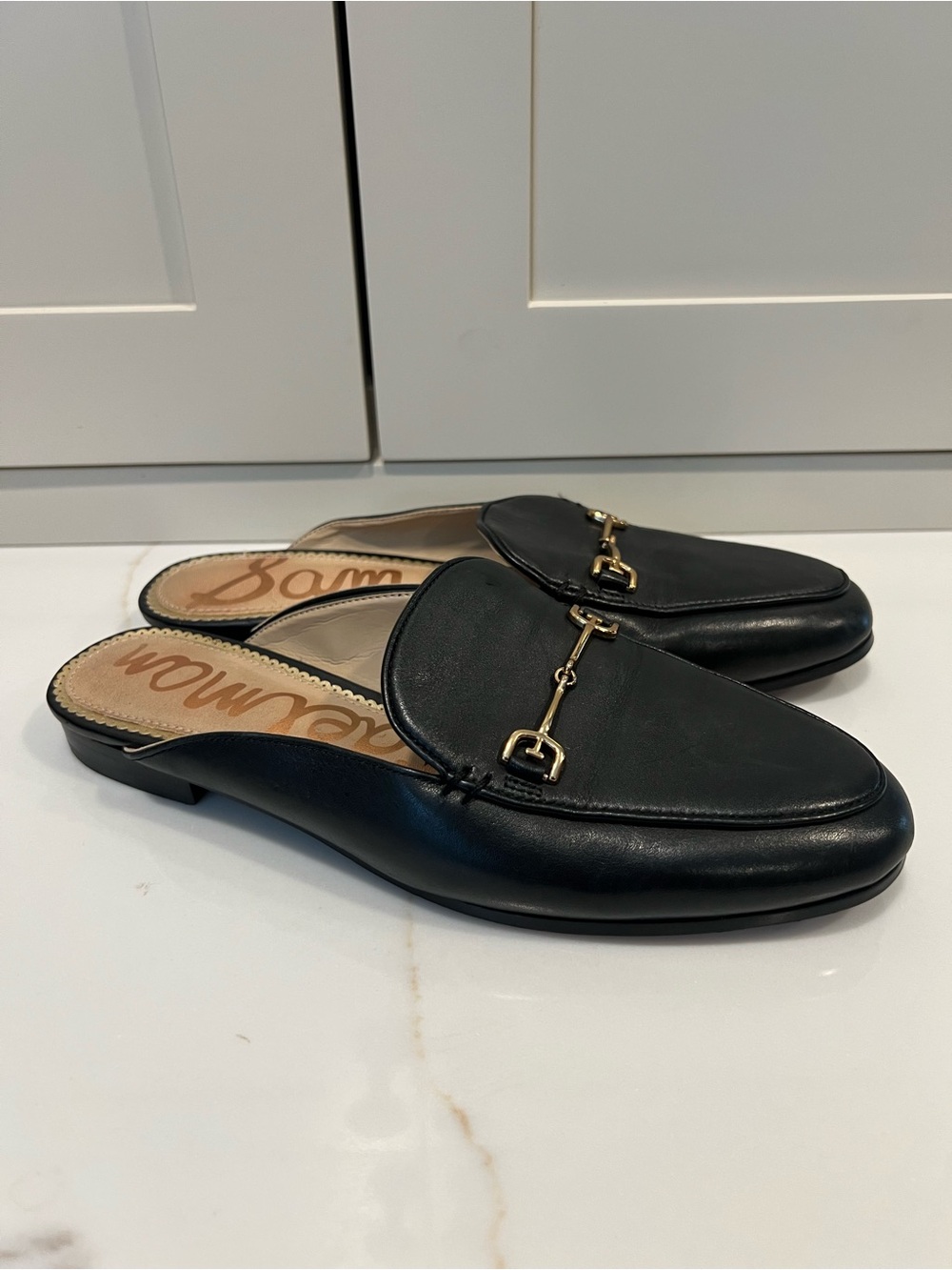 Sam Edelman Black Leather Slip-On Mules with Gold Horsebit